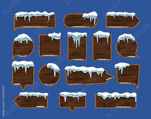 Wooden plates, pointers, signboards. Lying snow. Winter. The style is cartoon. Isolated set of plates. Vector illustration