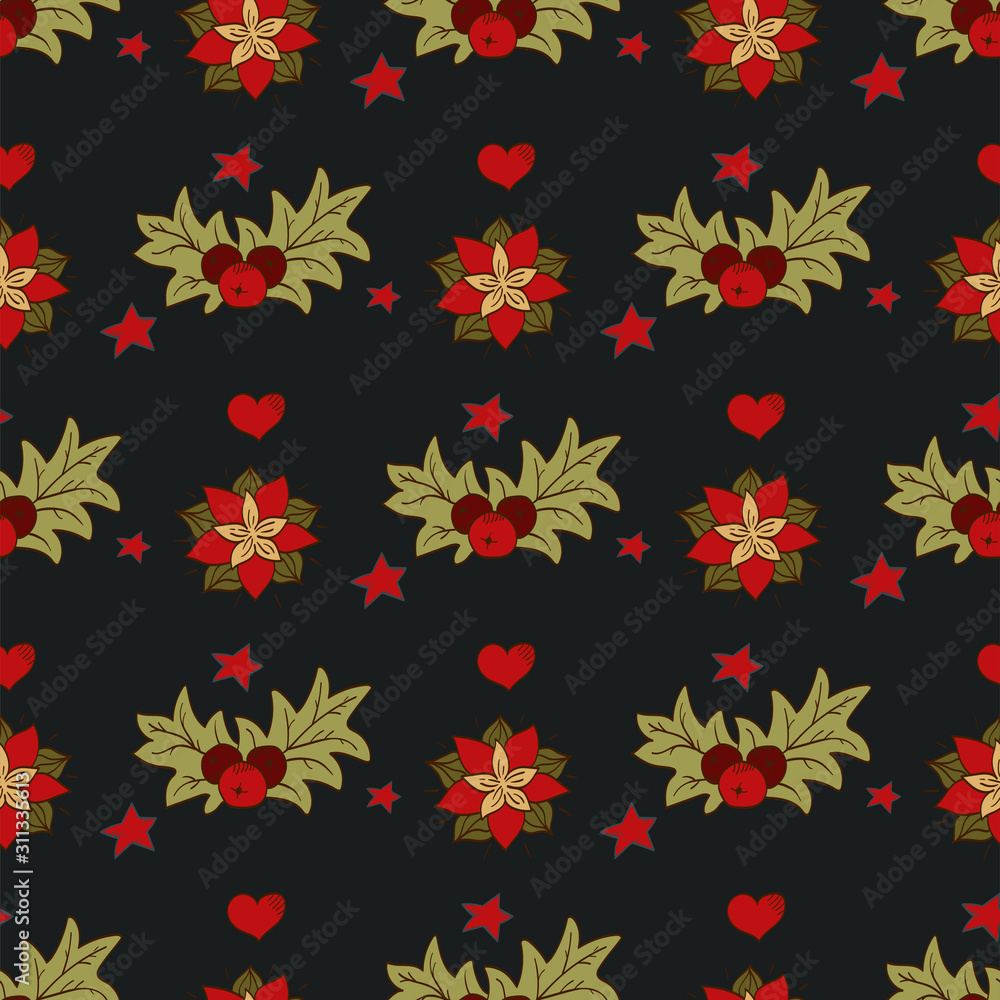Obraz premium Christmas New Year pattern. Mistletoe, green twigs and hearts. Vector seamless pattern on a dark background.