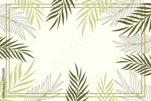 Background with tropical leaves. Vector frame of tropical palm leaves.