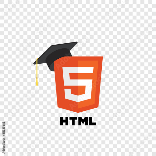 Html web technology shield with graduation hat. Web site development icon. Hypertext Markup Language sign. Learn web programming concept.