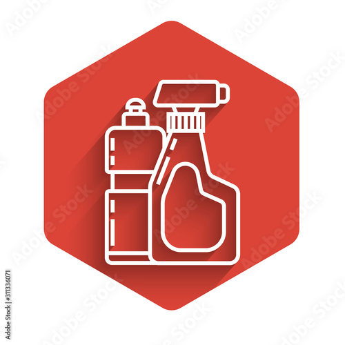 White line Plastic bottles for liquid laundry detergent, bleach, dishwashing liquid or another cleaning agent icon isolated with long shadow. Red hexagon button. Vector Illustration