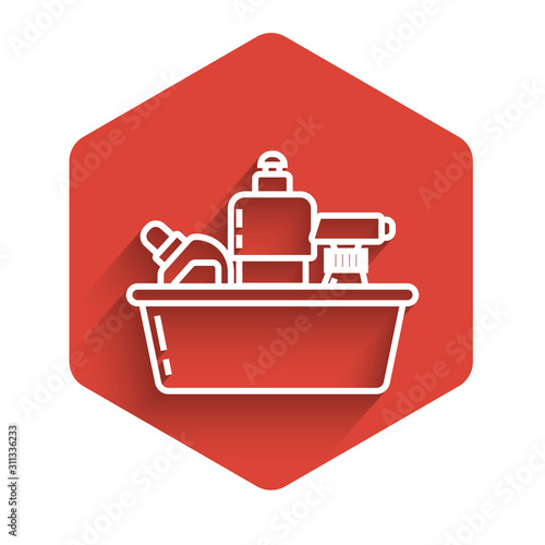 White line Plastic bottles for liquid laundry detergent, bleach, dishwashing liquid or another cleaning agent icon isolated with long shadow. Red hexagon button. Vector Illustration