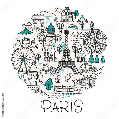 Paris France vector sketch logo. Circle composition with landscape elements: houses, domes, bridges. tour Eiffel. Lines illustration for posters and souvenirs.