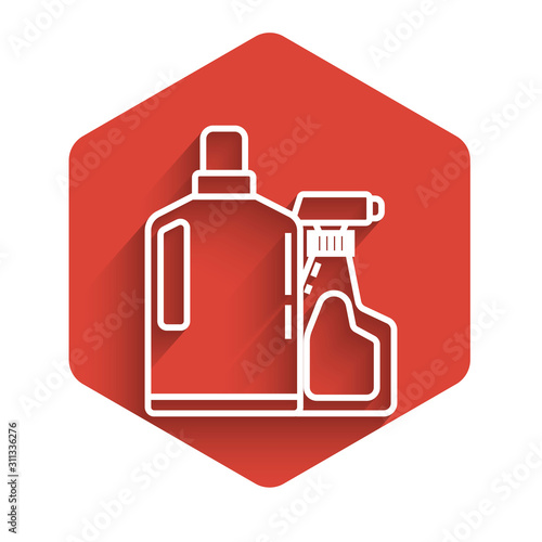 White line Plastic bottles for liquid laundry detergent, bleach, dishwashing liquid or another cleaning agent icon isolated with long shadow. Red hexagon button. Vector Illustration