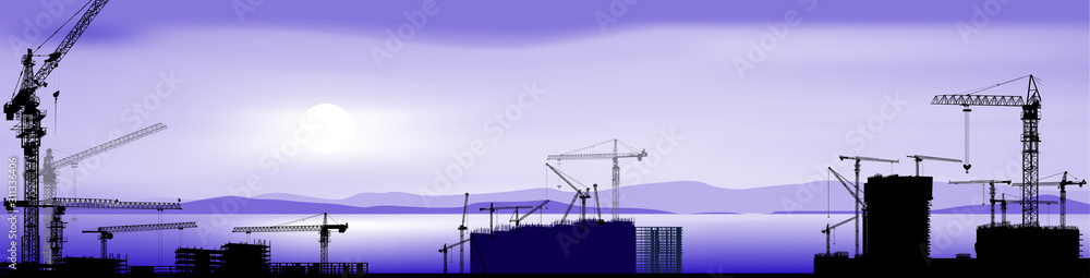 house building and cranes on lilac mountains background house building and cranes on lilac mountains background