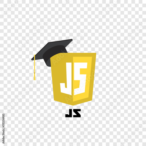 Javascript web technology shield with graduation hat. . Web site development icon on white background. Learn web programming concept.