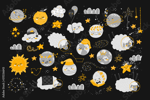 Vector set with cute cartoon characters and phrases
