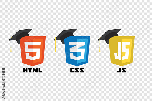 Web technology shields with graduation hat. . HTML , CSS, Javascript. Web site development icons. Learn web programming concept.