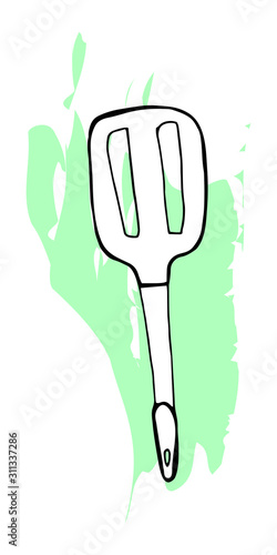 Hand drawing spatula for a frying pan. Outline sketch of turner for cook food. Kitchen accessories.
