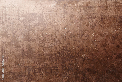 Shabby abstract retro brown metallic background. Aged grunge rusty texture with scratches and damage