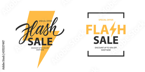 Flash Sale promotional labels templates set. Special offer text design with thunder sign and hand lettering for business, discount shopping, sale promotion and advertising. Vector illustration.