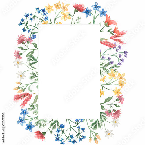 Hand drawn watercolor  spring flowers wreath illustration.Wildflower wreath frame for wedding  birthday invitation. Meadow and field flower.