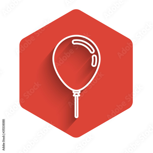 White line Balloon with ribbon icon isolated with long shadow. Red hexagon button. Vector Illustration