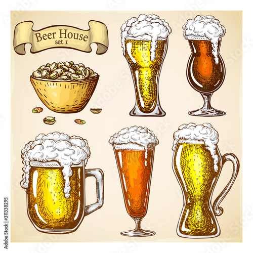 hand drawn beer with snack isolated on grunge backdrop. various types of beer glasses set in vintage style. Beer mugs with liquid dripping froth and pistachios. craft beer, food and appetizer in bar