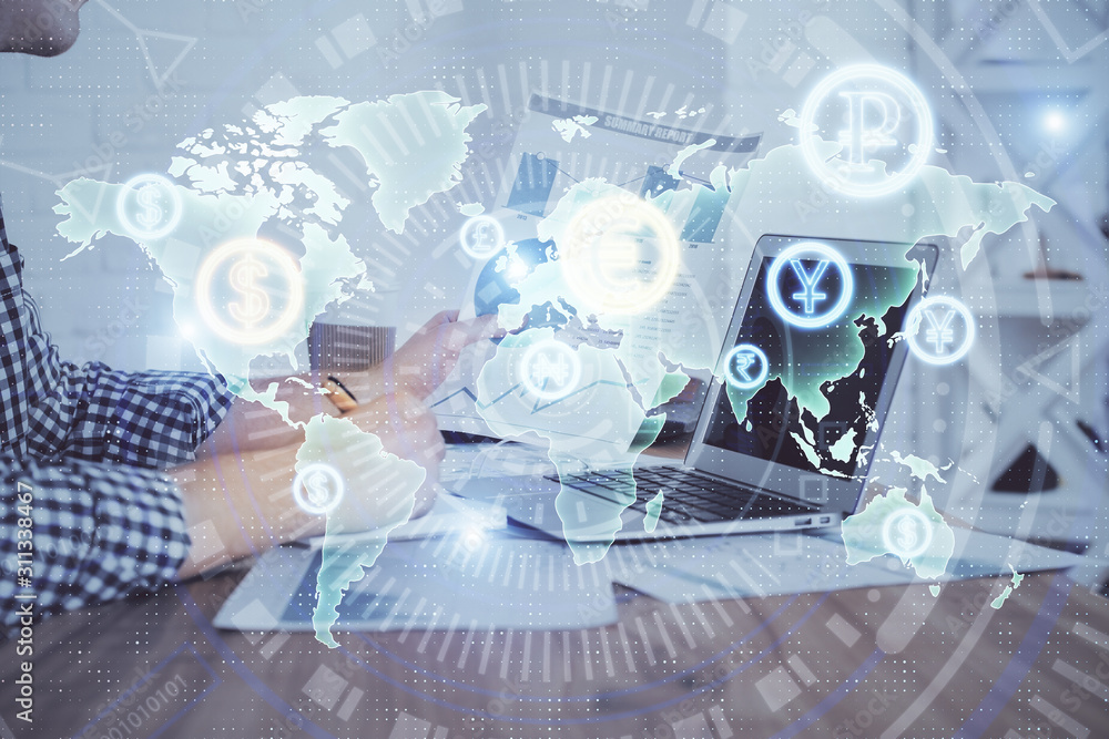 Multi exposure of financial graph with man works in office on background. Concept of analysis. Multi exposure of financial graph with man works in office on background. Concept of analysis.