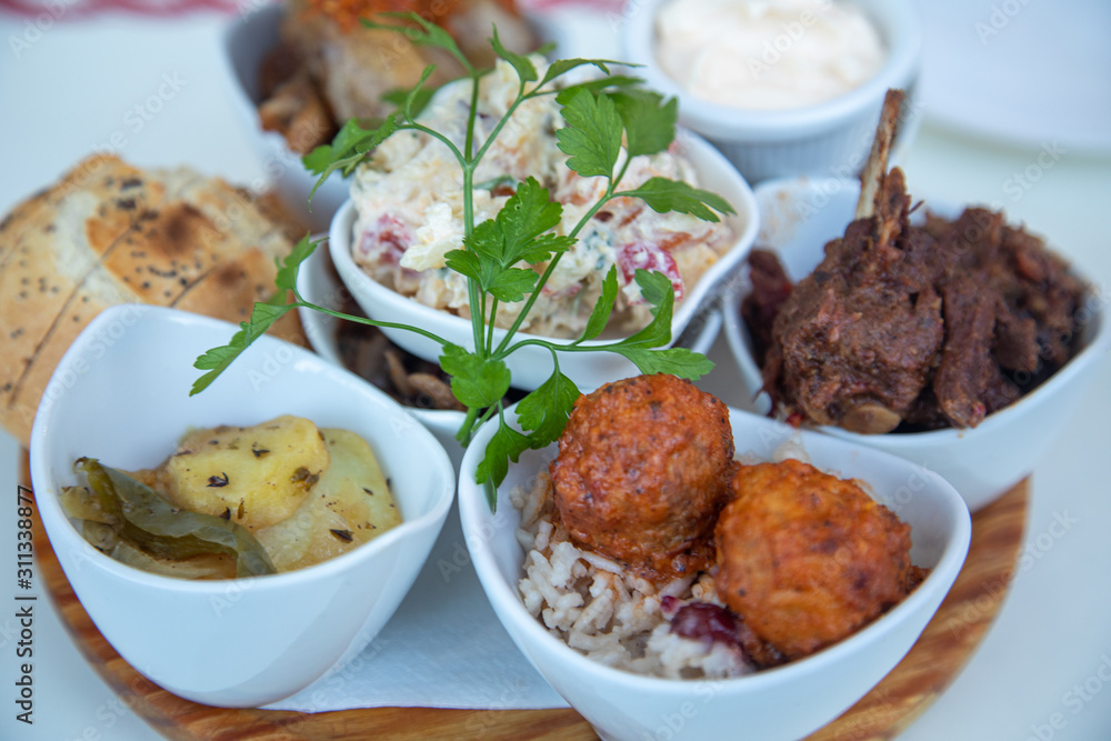 Selection of fine spanish tapas delicious fine food spain tapa bread meat garbanzos rice meat balls chicken potao Selection of fine spanish tapas delicious fine food spain tapa bread meat garbanzos rice meat balls chicken potao