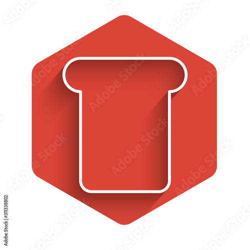 White line Bread toast for sandwich piece of roasted crouton icon isolated with long shadow. Lunch, dinner, breakfast snack. Red hexagon button. Vector Illustration