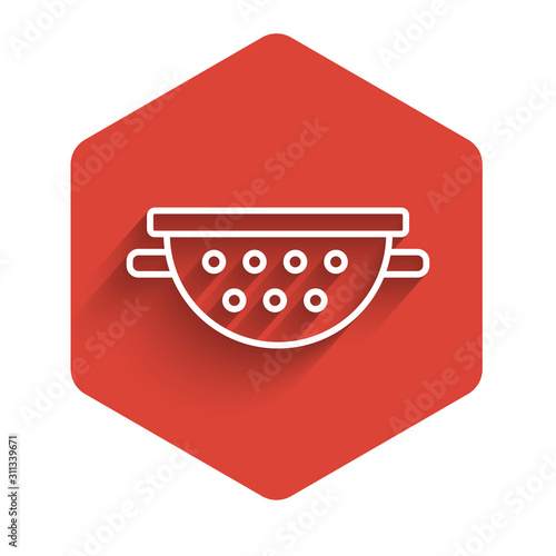 White line Kitchen colander icon isolated with long shadow. Cooking utensil. Cutlery sign. Red hexagon button. Vector Illustration