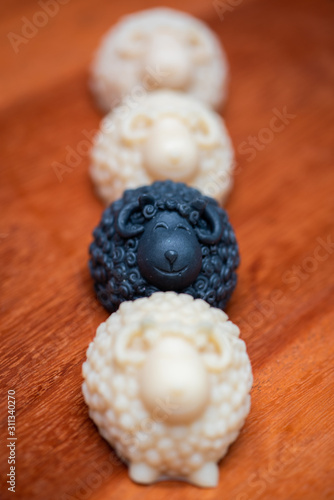 Being the black sheep of the family is illustrated with these artistic handmade black and white soap sheep. They also illustrate the nursery rhyme Baa Baa Black Sheep photo