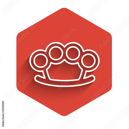 White line Brass knuckles icon isolated with long shadow. Red hexagon button. Vector Illustration