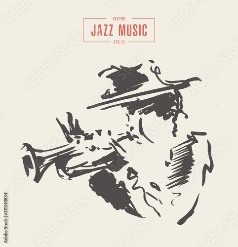 Musician plays trombone. Hand drawn vector sketch