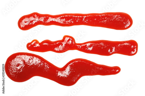 Set ketchup splashes, stains isolated on white background, tomato puree texture