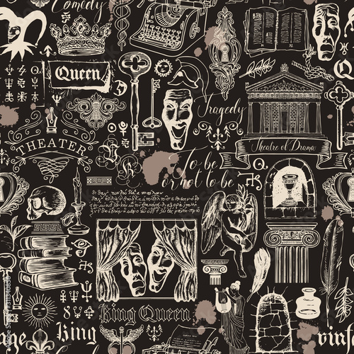 Vector seamless pattern on the theme of theater and drama with hand-drawn sketches and ink spots. Suitable for Wallpaper, wrapping paper, background or fabric with vintage artistic illustrations