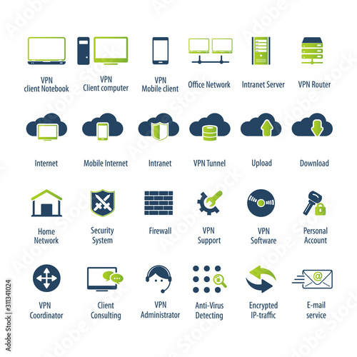 Virtual Private Network vector icons set. 24 VPN editable vector icons for video, mobile apps, Web sites and print projects.	