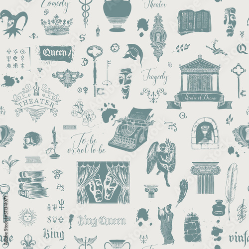 Vector seamless pattern on the theme of theater and drama with drawings, sketches and inscriptions. Can be used as Wallpaper, wrapping paper, background, fabric or textile in vintage style