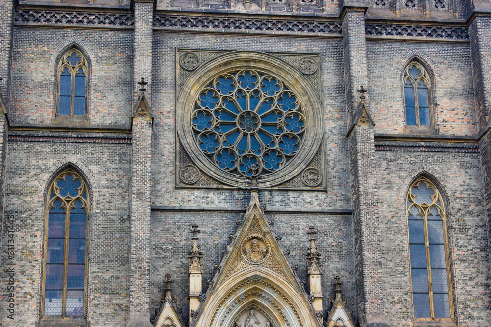 Close-up of the details of the facade of the Church of St. Ludmila (Kostel svaté Ludmily), located in Peace Square (náměstí Míru) in Prague, Czech Republic