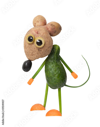 Mouse made with cucumber and potato on white background