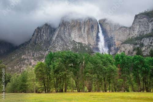 Photography Yosemite Bridalveil water Fall, view from famous El Capitan rock across Yosemite