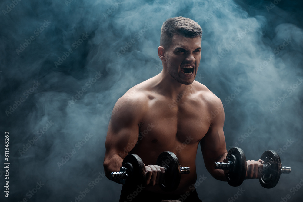 tense sexy muscular bodybuilder with bare torso excising with dumbbells on black background with smoke