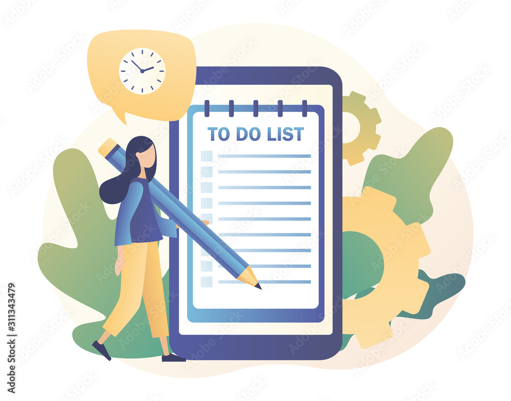 To Do List consept. Tiny girl planning year, month, week. Notes online, diary, checklist, organizers and notebook pages. Modern flat cartoon style. Vector illustration on white background To Do List consept. Tiny girl planning year, month, week. Notes online, diary, checklist, organizers and notebook pages. Modern flat cartoon style. Vector illustration on white background