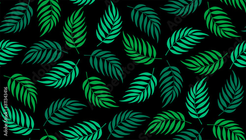 Fototapeta Naklejka Na Ścianę i Meble -  Black And Green Tropical Vector Background. Tropical Palm Leaf Wallpaper. Seamless Vector Pattern. Green And Dark Colors.