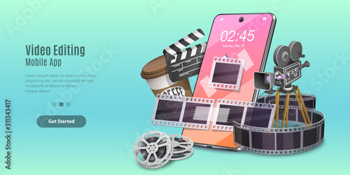 Concept of Mobile Video Editing App, Motion Design Studio Software, Multimedia Production, Video Blogging. Vector Template For Web Banner or Website Landing Page.