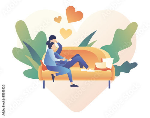 Loving couple spending time or relaxing together. Man and woman sit on the sofa in the home atmosphere. Romantic date concept. Characters Valentine day. Modern flat cartoon style. Vector illustration	