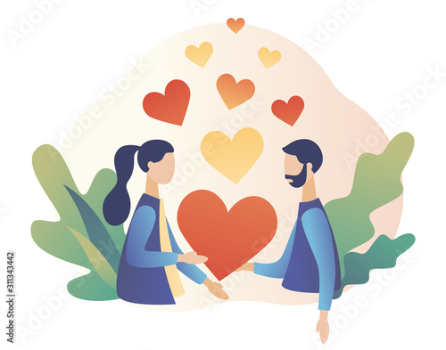 Loving couple holding heart in hands.. Romantic date concept. Characters Valentine day. Modern flat cartoon style. Vector illustration on white background