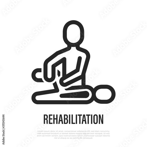 Rehabilitation, physiotherapy thin line icon. Exercises with therapist after injury. Vector illustration.