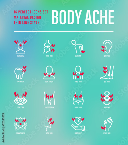 Body ache thin line icons set. Toothache, heart attack, headache, joint pain, arthritis, osteoporosis, stomachache, menstrual pain. Vector illustration.