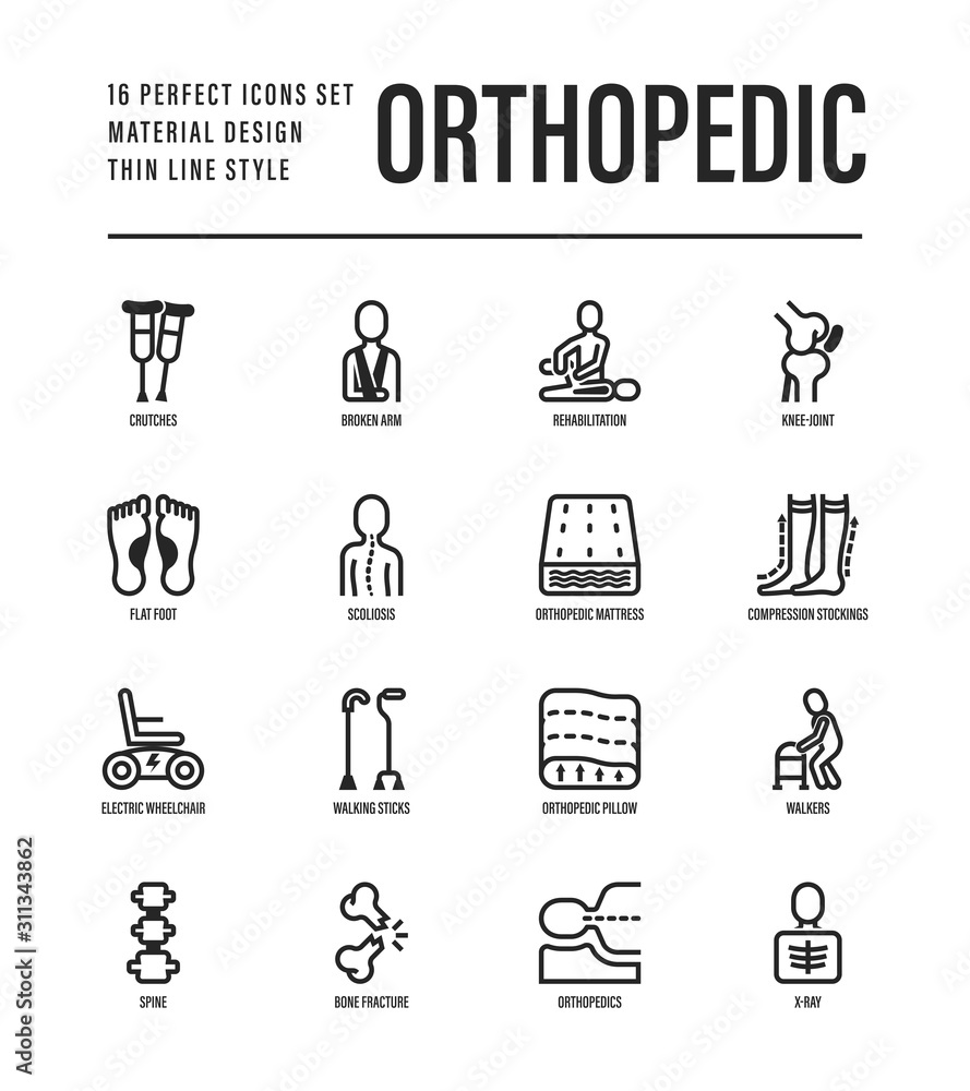 Orthopedic thin line icons set. Flat foot, scoliosis, compression stockings, mattress, pillow, electric wheelchair, walking stick, bone fracture. Vector illustration.