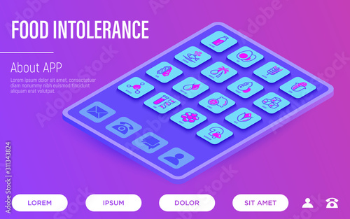 Food intolerance web page template with tablet. Thin line isometric icons. Symbols of lactose, egg, gluten, corn, seafood, palm oil, peanut, trans fat, citrus, GMO, mushroom. Vector illustration.