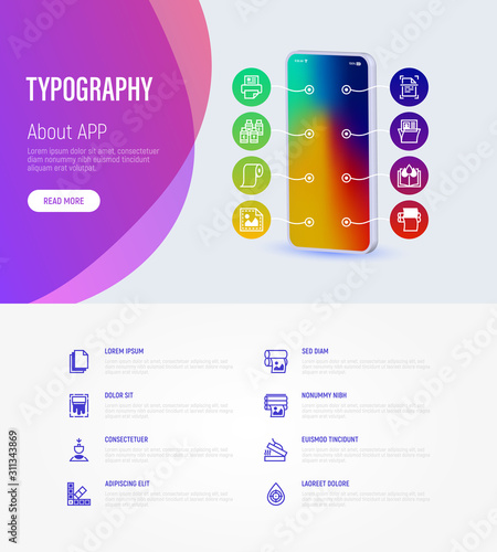 Typography, polygraphy infographics with thin line icons around smartphone and place for text. Printing, scanning, flexography, offset, lamination, heat transfer printing. Vector illustration.