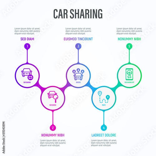 Car sharing infographics in circles with thin line icons and place for text near. Data visualization. Symbols of search of car, route, drivers, sync. Vector illustration.