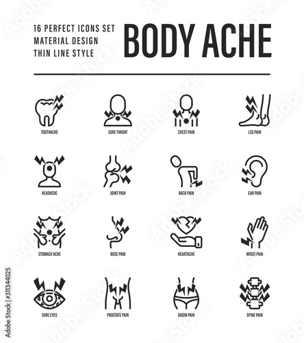 Body ache thin line icons set. Toothache, heart attack, headache, joint pain, arthritis, osteoporosis, stomachache, menstrual pain. Vector illustration.