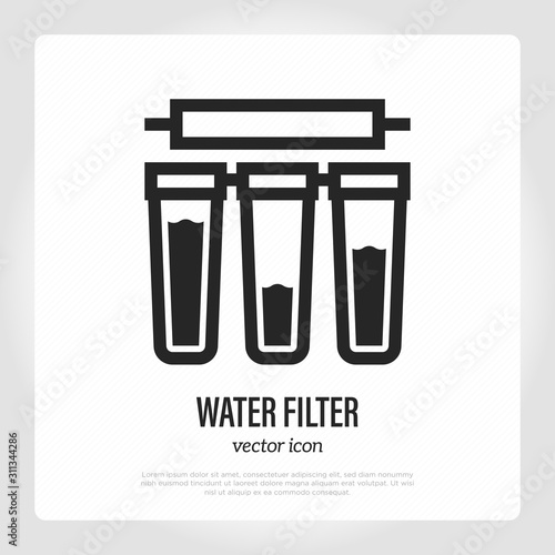 Water filter with cartridges thin line icon. System of water purification. Vector illustration.