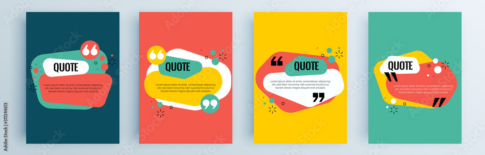 Quote frames blank templates set. Text in brackets, citation empty speech bubbles, quote bubbles. Textbox isolated on color background. Vector illustration. <span>plik: #311344613 | autor: Lepusinensis</span>