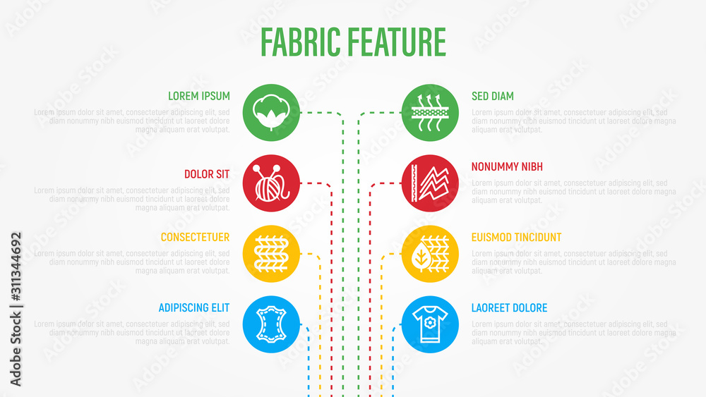 Fabric faeture infographics with thin line icons in circles. Industrial data visualization. Symbols of wool, synthetic, antistatic, waterproof, leather, breatheable material. Vector illustration. Fabric faeture infographics with thin line icons in circles. Industrial data visualization. Symbols of wool, synthetic, antistatic, waterproof, leather, breatheable material. Vector illustration.