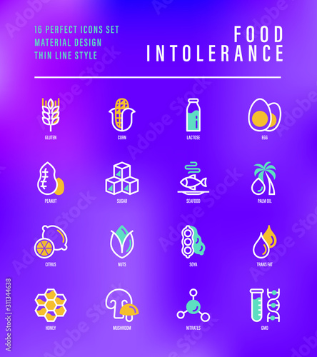 Food intolerance thin line icons set. Symbols of lactose  egg  gluten  corn  seafood  palm oil  peanut  trans fat  citrus  GMO  honey  mushroom. Vector illustration for packaging.