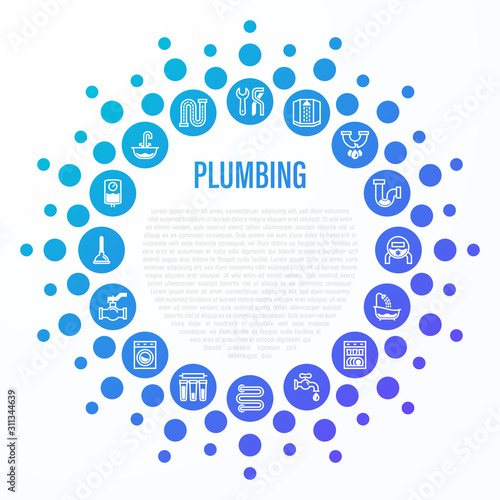 Plumbing concept in circle shape. Thin line icons: water meter, bathtub, sink, water filter, faucet, washing machine, dishwasher, siphon. Vector illustration, template for mailing with copy space.